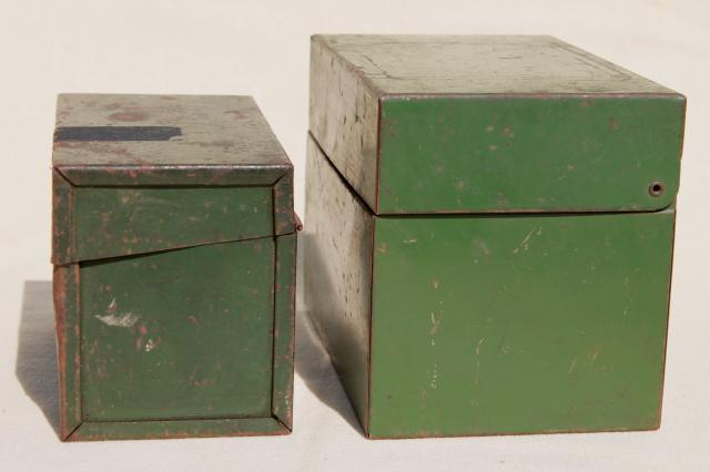 photo of heavy vintage steel card file boxes w/ worn green paint, industrial machine age office storage #4