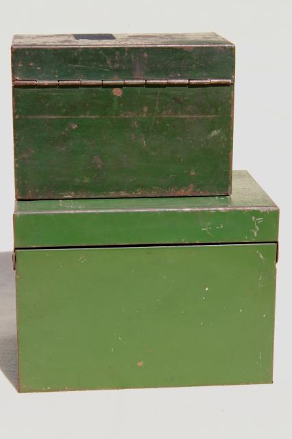 photo of heavy vintage steel card file boxes w/ worn green paint, industrial machine age office storage #5