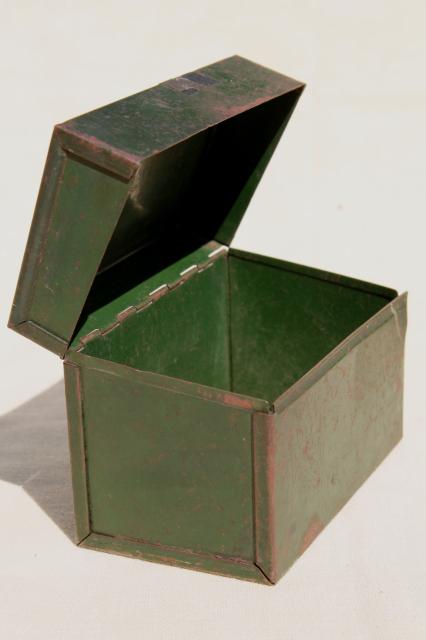 photo of heavy vintage steel card file boxes w/ worn green paint, industrial machine age office storage #7