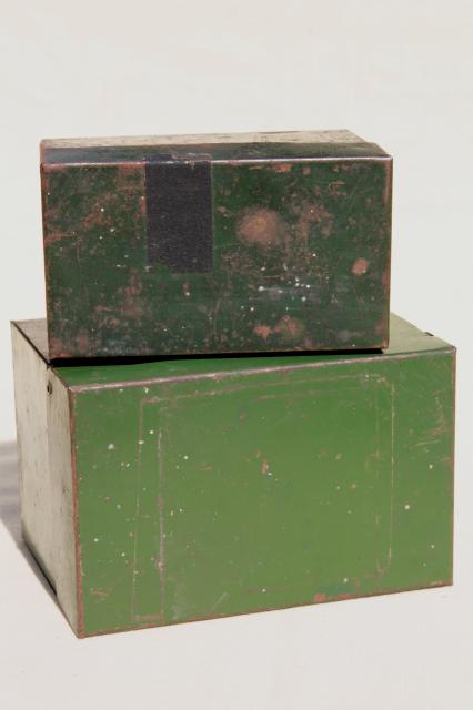 photo of heavy vintage steel card file boxes w/ worn green paint, industrial machine age office storage #8