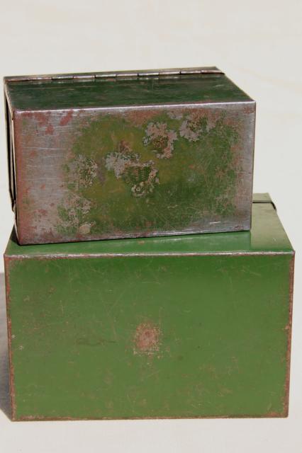 photo of heavy vintage steel card file boxes w/ worn green paint, industrial machine age office storage #9