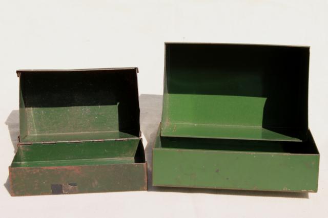 photo of heavy vintage steel card file boxes w/ worn green paint, industrial machine age office storage #10