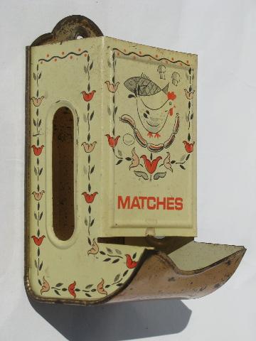 photo of hen and tulips old metal litho match safe wall box for country kitchen #1