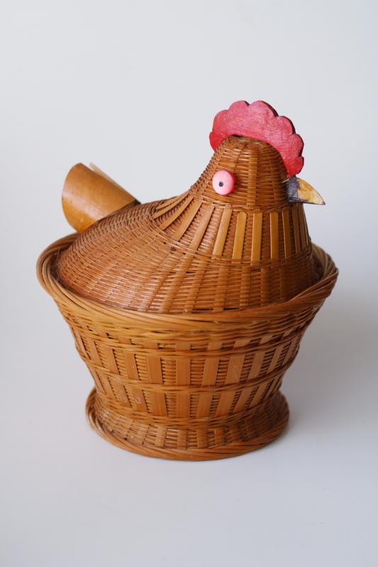 photo of hen on nest chicken shaped covered basket, vintage handwoven bamboo egg basket  #1