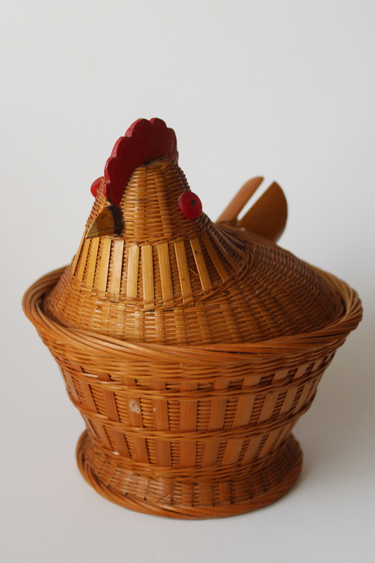 photo of hen on nest chicken shaped covered basket, vintage handwoven bamboo egg basket  #2