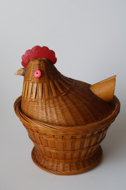 photo of hen on nest chicken shaped covered basket, vintage handwoven bamboo egg basket  #3