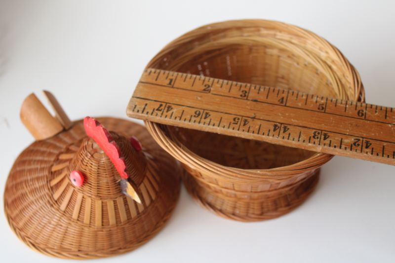 photo of hen on nest chicken shaped covered basket, vintage handwoven bamboo egg basket  #6