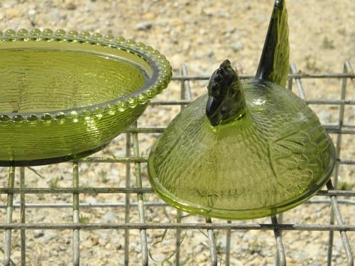 photo of hen on nest covered dish, vintage green glass chicken #2