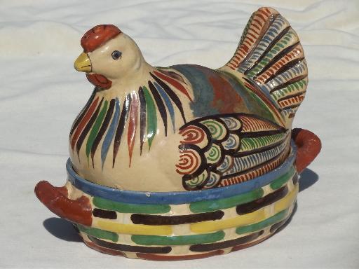 photo of hen on nest covered dish, vintage hand-painted Mexican pottery folk art #1