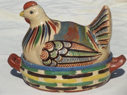 photo of hen on nest covered dish, vintage hand-painted Mexican pottery folk art #2