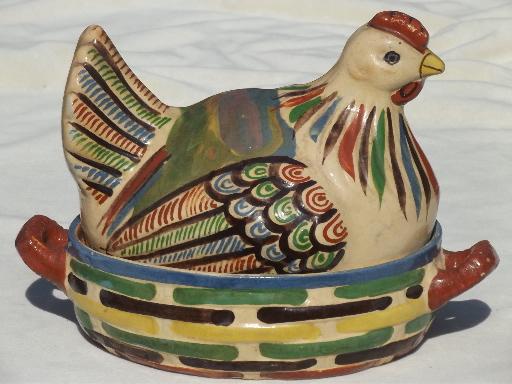 photo of hen on nest covered dish, vintage hand-painted Mexican pottery folk art #4