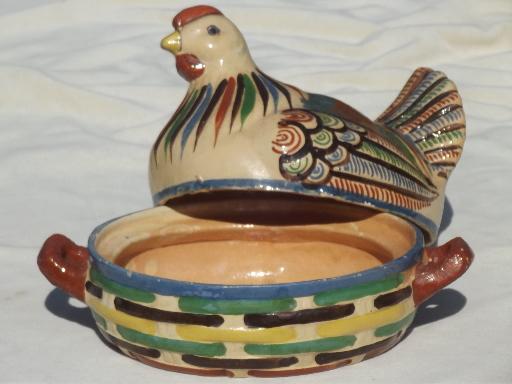 photo of hen on nest covered dish, vintage hand-painted Mexican pottery folk art #6