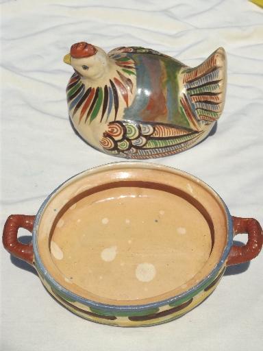 photo of hen on nest covered dish, vintage hand-painted Mexican pottery folk art #7
