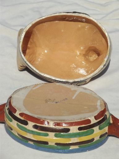 photo of hen on nest covered dish, vintage hand-painted Mexican pottery folk art #8