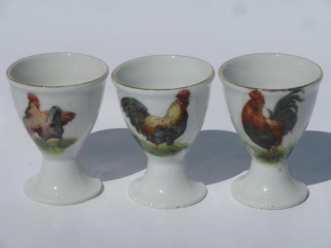 photo of hens & roosters, vintage Japan china egg cups, egg cups set w/ chickens #2