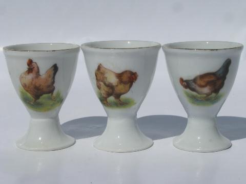 photo of hens & roosters, vintage Japan china egg cups, egg cups set w/ chickens #3