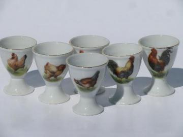 catalog photo of hens & roosters, vintage Japan china egg cups, egg cups set w/ chickens