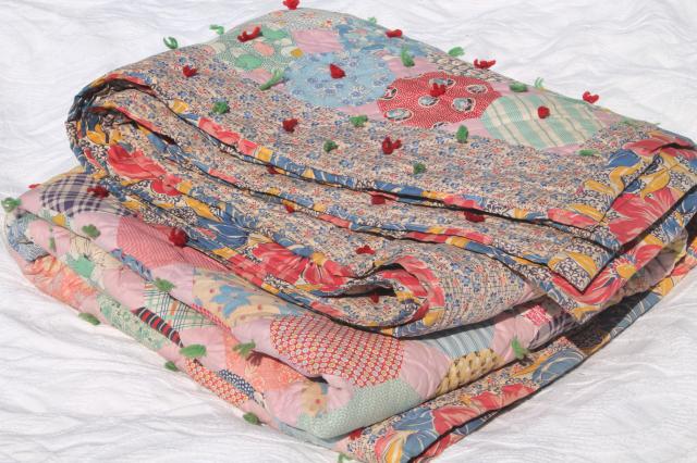 photo of hexies patchwork vintage tied comforter, cute old print cotton fabric scrap quilt #1