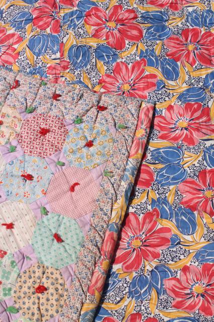 photo of hexies patchwork vintage tied comforter, cute old print cotton fabric scrap quilt #3