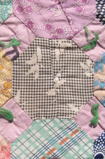 photo of hexies patchwork vintage tied comforter, cute old print cotton fabric scrap quilt #4