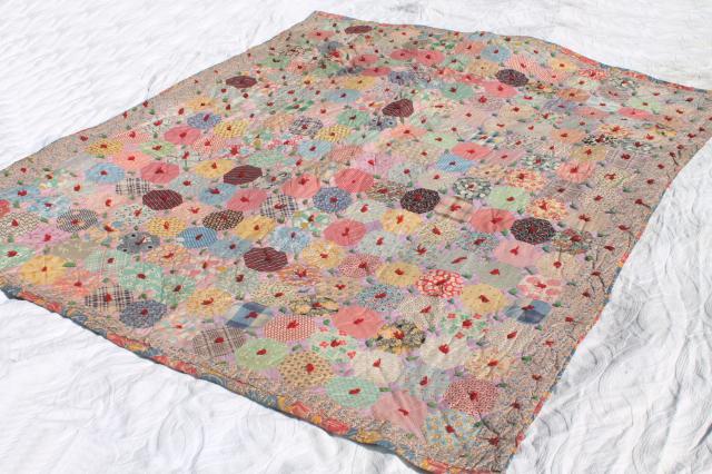 photo of hexies patchwork vintage tied comforter, cute old print cotton fabric scrap quilt #5