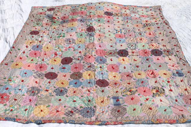 photo of hexies patchwork vintage tied comforter, cute old print cotton fabric scrap quilt #7