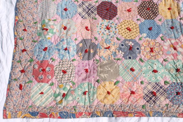 photo of hexies patchwork vintage tied comforter, cute old print cotton fabric scrap quilt #8