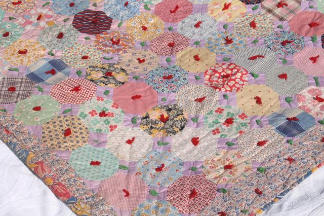 photo of hexies patchwork vintage tied comforter, cute old print cotton fabric scrap quilt #9