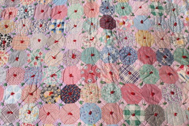 photo of hexies patchwork vintage tied comforter, cute old print cotton fabric scrap quilt #10