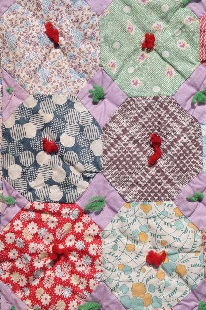 photo of hexies patchwork vintage tied comforter, cute old print cotton fabric scrap quilt #11