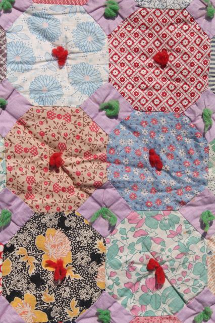 photo of hexies patchwork vintage tied comforter, cute old print cotton fabric scrap quilt #12