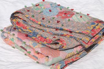 catalog photo of hexies patchwork vintage tied comforter, cute old print cotton fabric scrap quilt