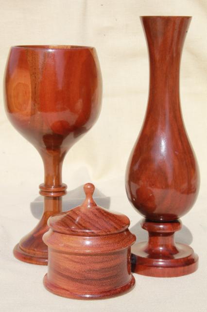 photo of highly polished handmade carved wood goblet, box, vase - handcrafted vintage treenware #1