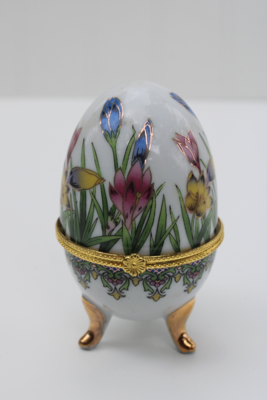 photo of hinged lid Easter egg porcelain trinket box, hand painted spring crocus flowers gold #1