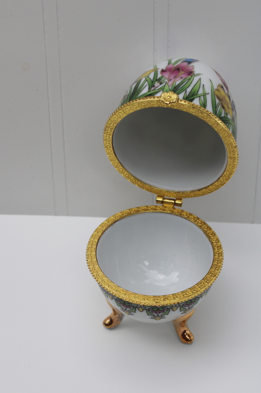 photo of hinged lid Easter egg porcelain trinket box, hand painted spring crocus flowers gold #2