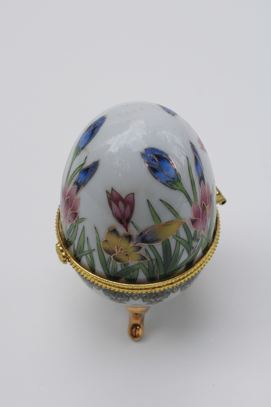 photo of hinged lid Easter egg porcelain trinket box, hand painted spring crocus flowers gold #4