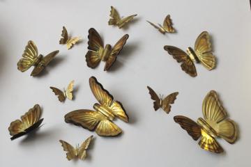 catalog photo of hippie boho vintage wall art butterfly flock, lot of 12 small brass metal butterflies 
