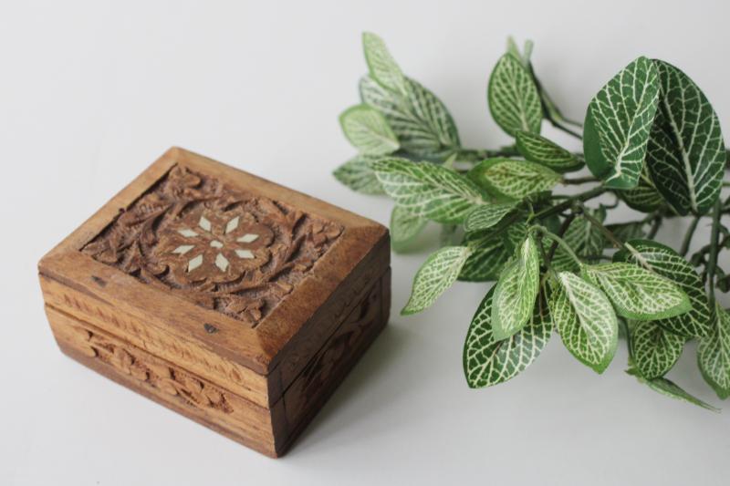 photo of hippie vintage India sheesham wood box, small hand carved wooden box for herbs or jewelry #1