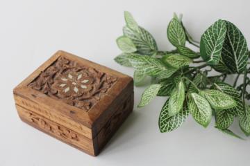 catalog photo of hippie vintage India sheesham wood box, small hand carved wooden box for herbs or jewelry