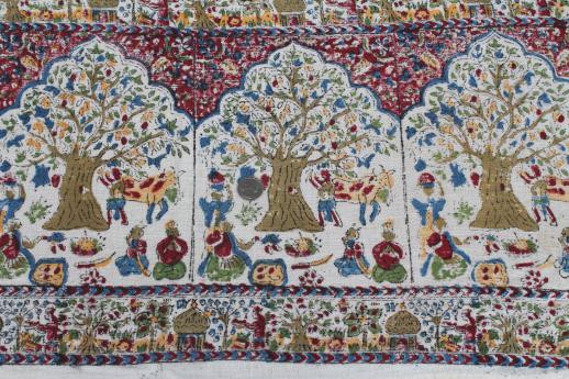 photo of hippie vintage block print cotton fabric bedspread, scenes of India with tree of life #5