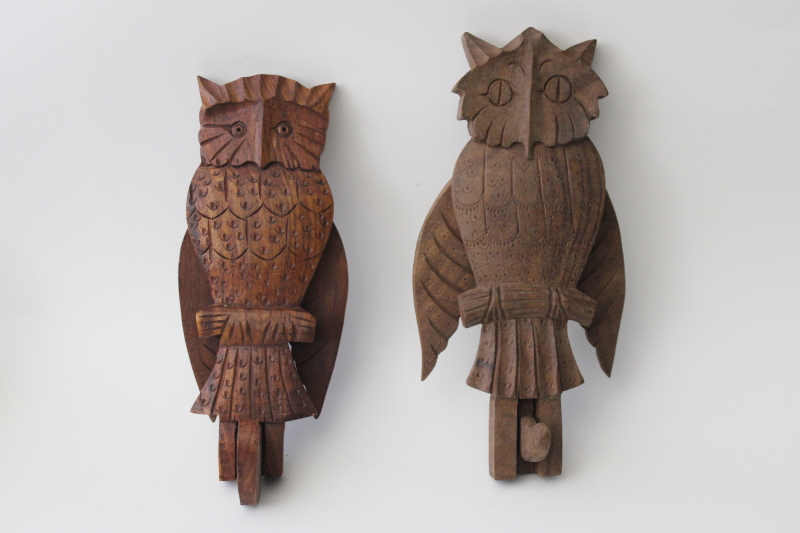 photo of hippie vintage carved wood owl hook board wall hangings made in India #2