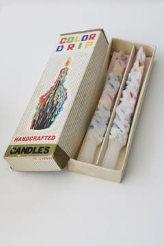 catalog photo of hippie vintage color drip rainbow colors wax candle tapers in original box