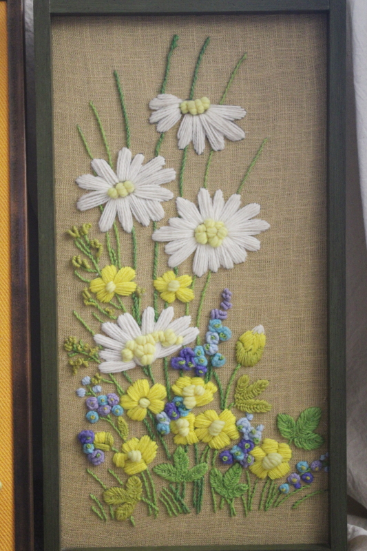 photo of hippie vintage crewel embroidery pictures, framed wall art yarn embroidered flowers #5