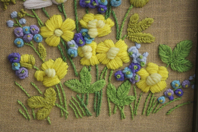 photo of hippie vintage crewel embroidery pictures, framed wall art yarn embroidered flowers #6