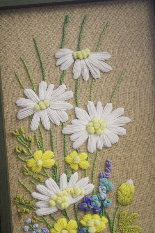 photo of hippie vintage crewel embroidery pictures, framed wall art yarn embroidered flowers #7