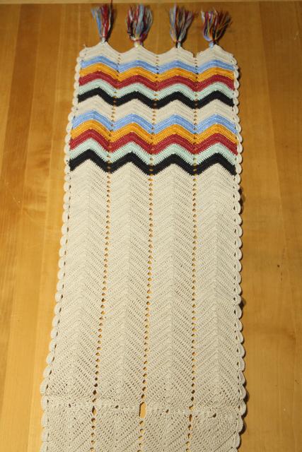 photo of hippie vintage crochet table runner w/ tassels and chevron stripes, indian blanket colors #2