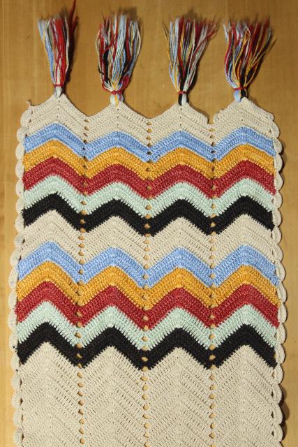 photo of hippie vintage crochet table runner w/ tassels and chevron stripes, indian blanket colors #3