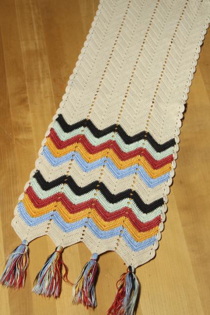 photo of hippie vintage crochet table runner w/ tassels and chevron stripes, indian blanket colors #6