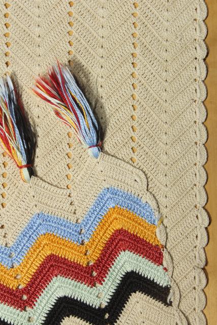 photo of hippie vintage crochet table runner w/ tassels and chevron stripes, indian blanket colors #8