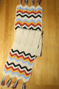 hippie vintage crochet table runner w/ tassels and chevron stripes, indian blanket colors